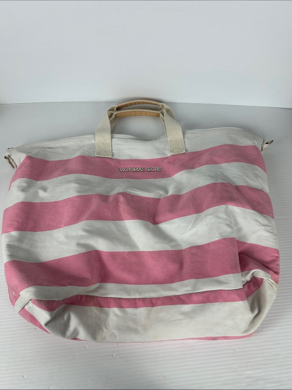 Victoria's Secret Pink and White Striped Canvas Tote